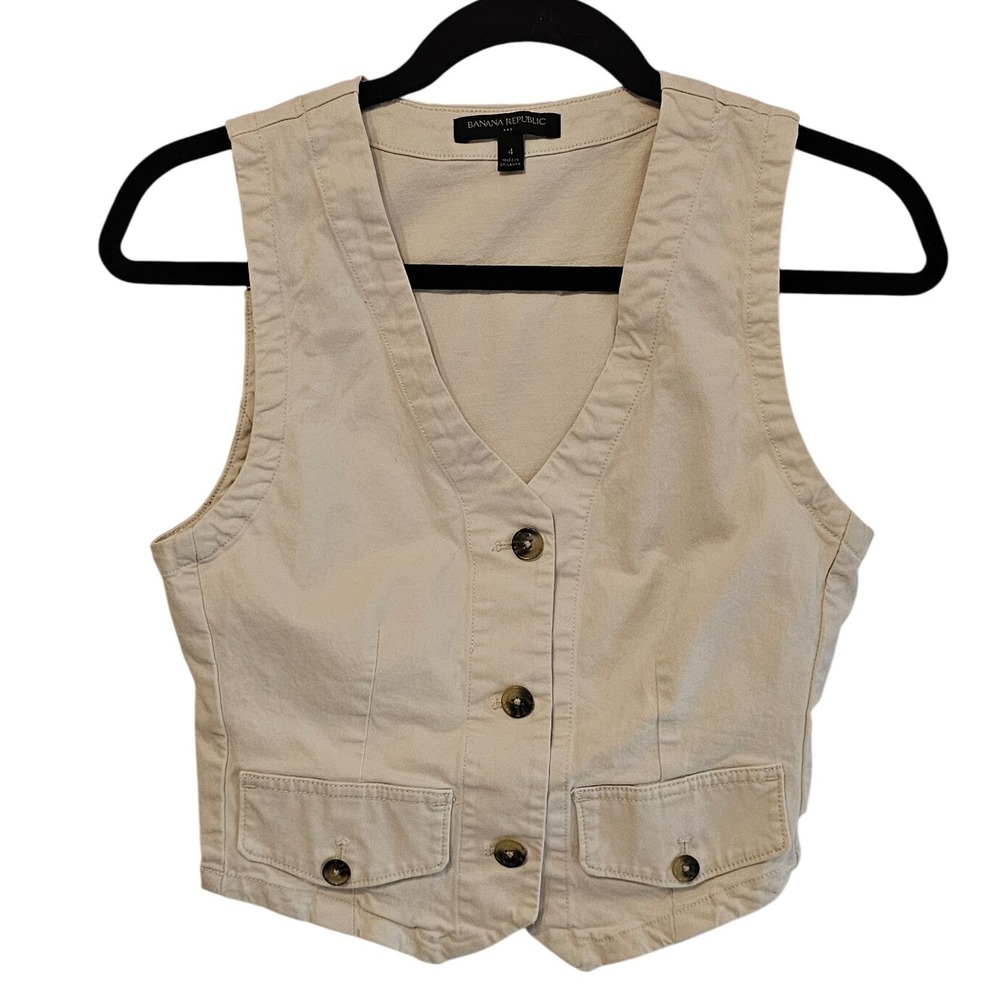 Banana Republic Womens Khaki Beige Cotton Twill Button‎ Front Cinch Back Vest 4